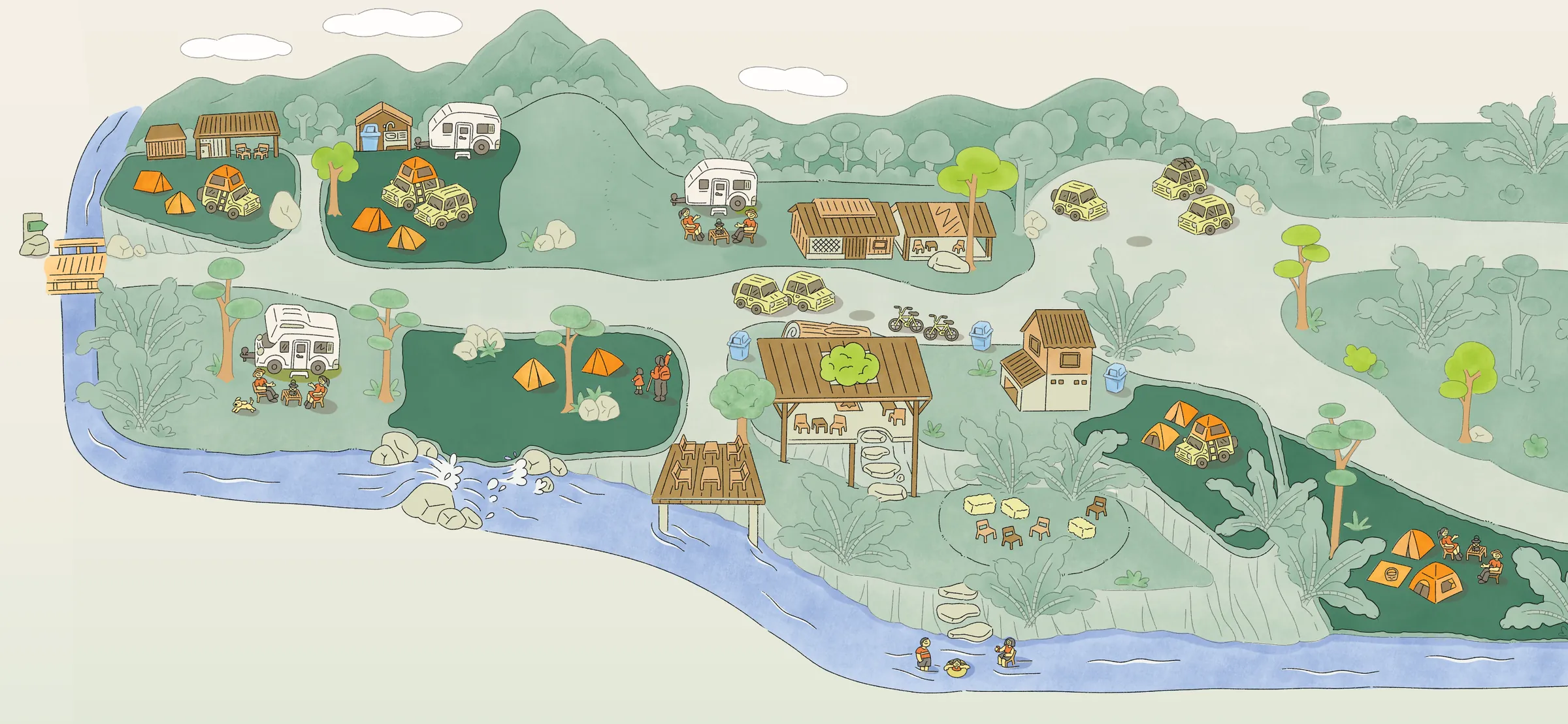 แผนที่กลางขจี แสดงรถบ้าน ลานกางเต็นท์ คาเฟ่ ห้องน้ำ และส่วนกลาง